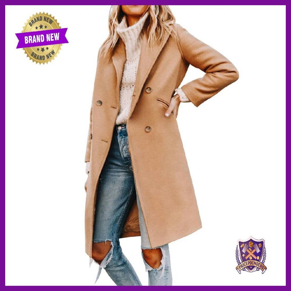 Womens Wool Blend Pea Coat Notched Lapel Double Breasted Winter Jacket